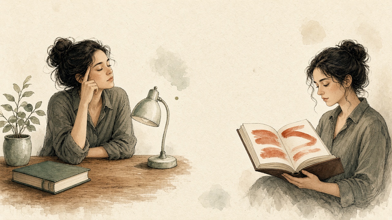 隐喻插图：合上书回想，与低头再读对照